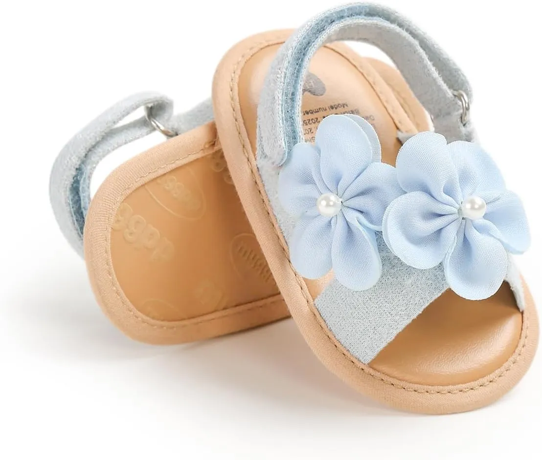 GDSDYM Infant Baby Girls Summer Sandals with Flower Bowknot Soft Sole Wedding Dress Flats Newborn First Walkers Crib Dress Shoes
