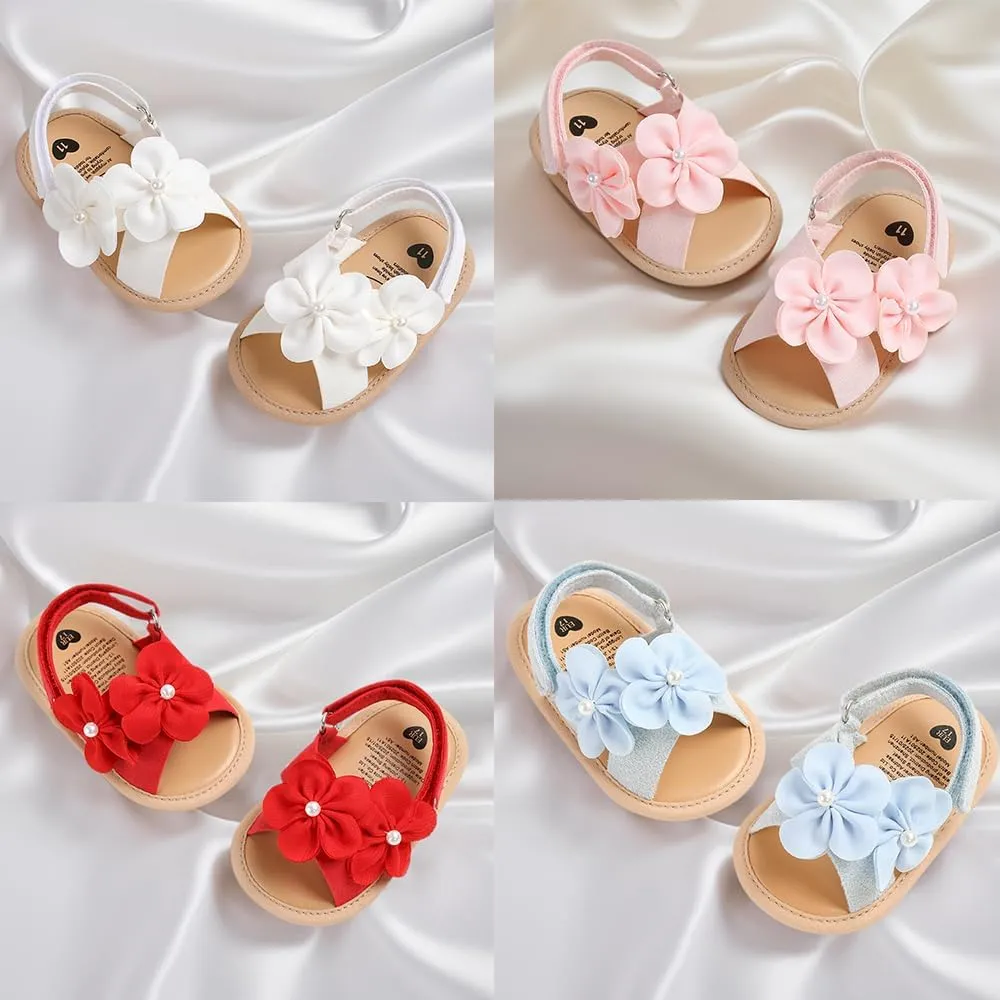 GDSDYM Infant Baby Girls Summer Sandals with Flower Bowknot Soft Sole Wedding Dress Flats Newborn First Walkers Crib Dress Shoes
