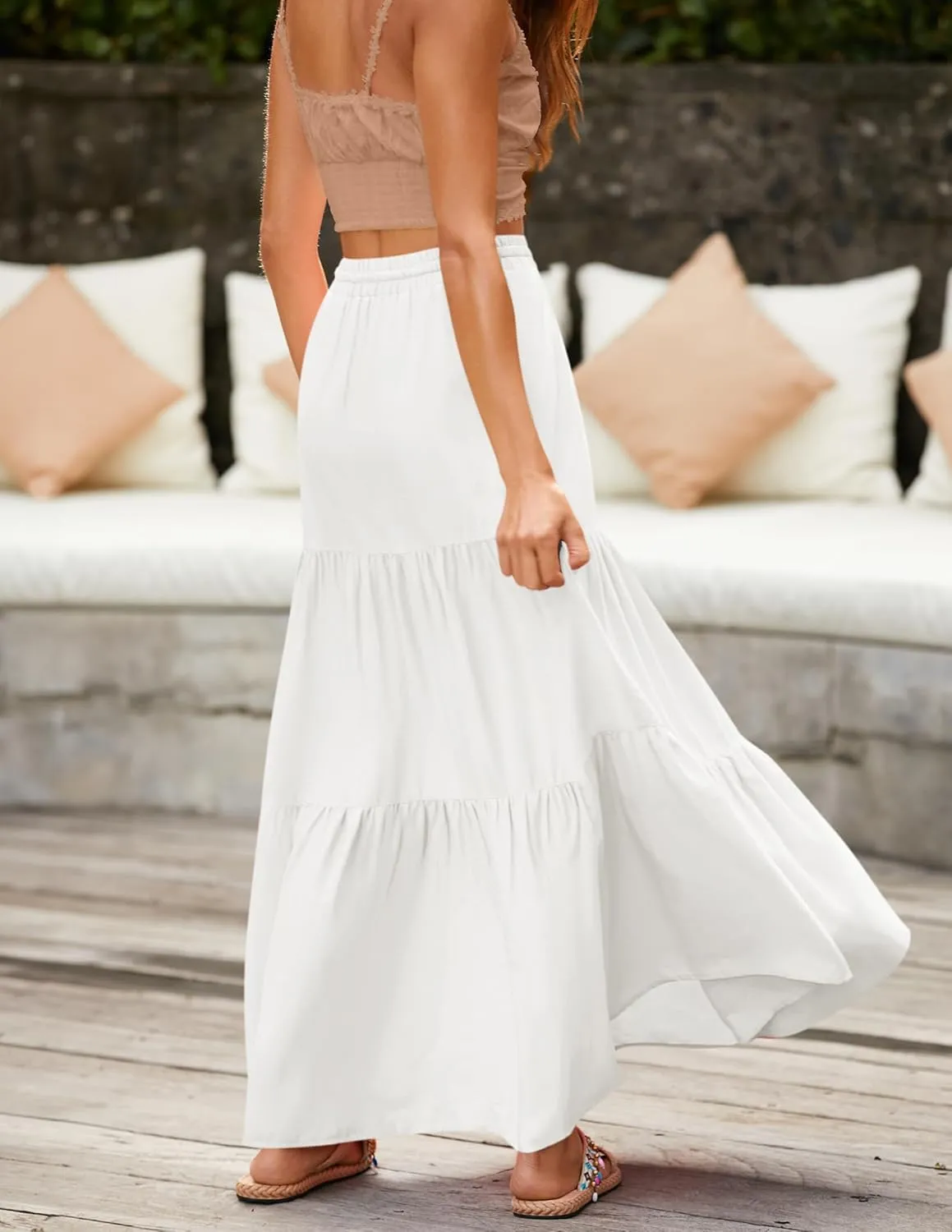HAEOF Women's Summer Boho Maxi Skirt A-Line Flowy Ruffle Tiered Elastic High Waist Beach Long Skirts with Pockets