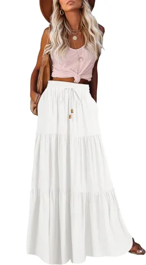 HAEOF Women's Summer Boho Maxi Skirt A-Line Flowy Ruffle Tiered Elastic High Waist Beach Long Skirts with Pockets