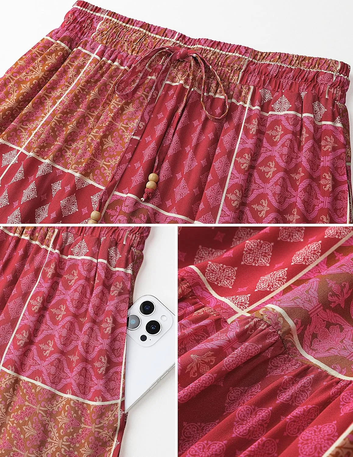 HAEOF Women's Summer Boho Maxi Skirt A-Line Flowy Ruffle Tiered Elastic High Waist Beach Long Skirts with Pockets