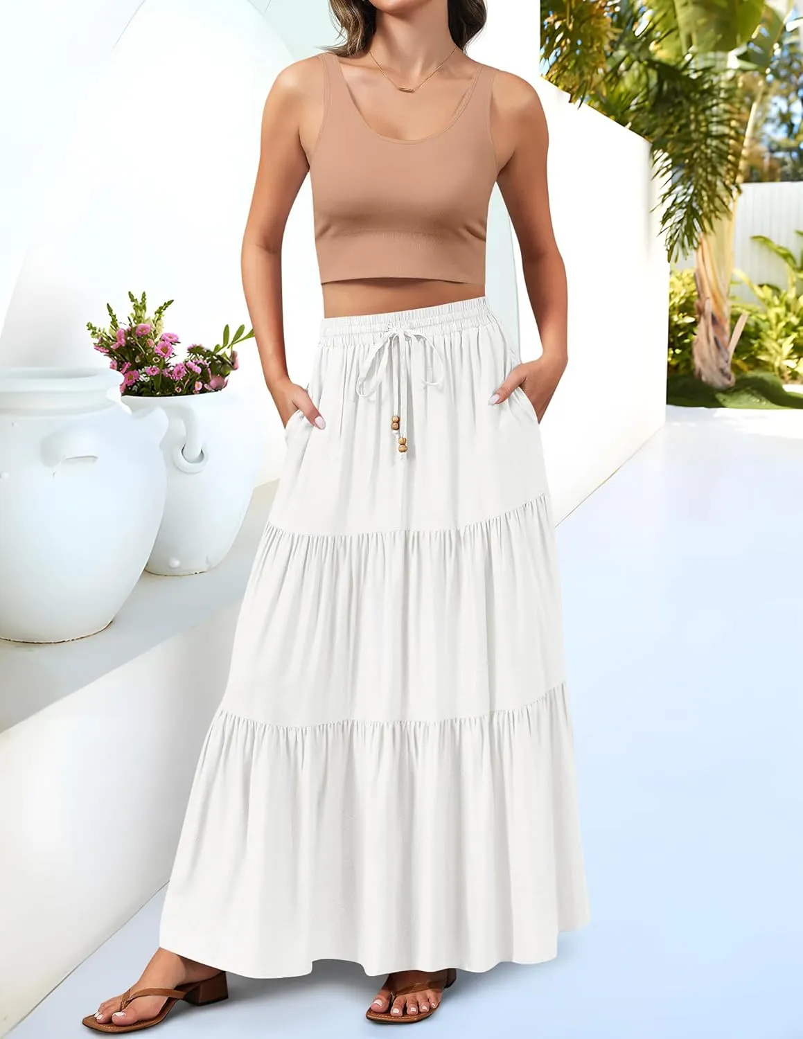HAEOF Women's Summer Boho Maxi Skirt A-Line Flowy Ruffle Tiered Elastic High Waist Beach Long Skirts with Pockets