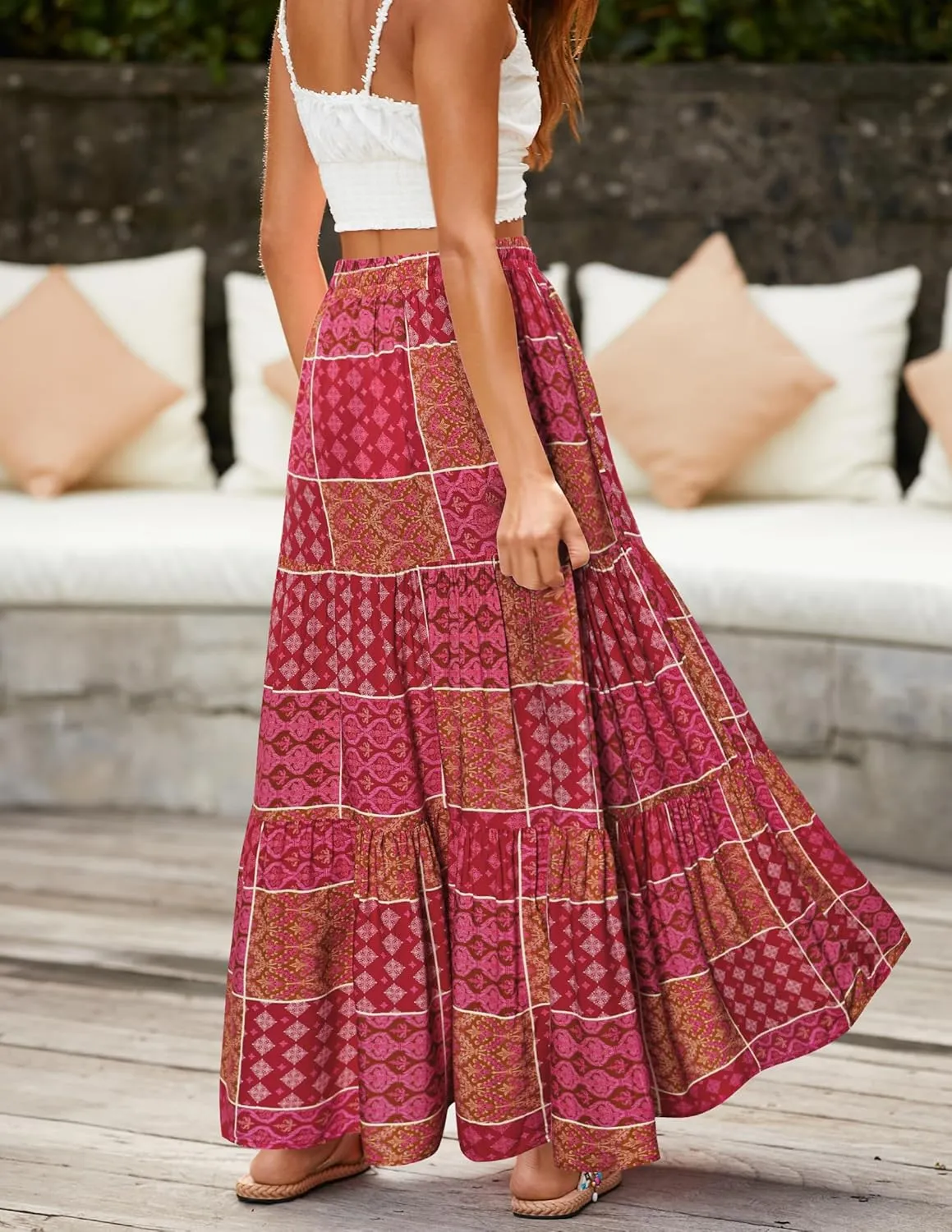 HAEOF Women's Summer Boho Maxi Skirt A-Line Flowy Ruffle Tiered Elastic High Waist Beach Long Skirts with Pockets