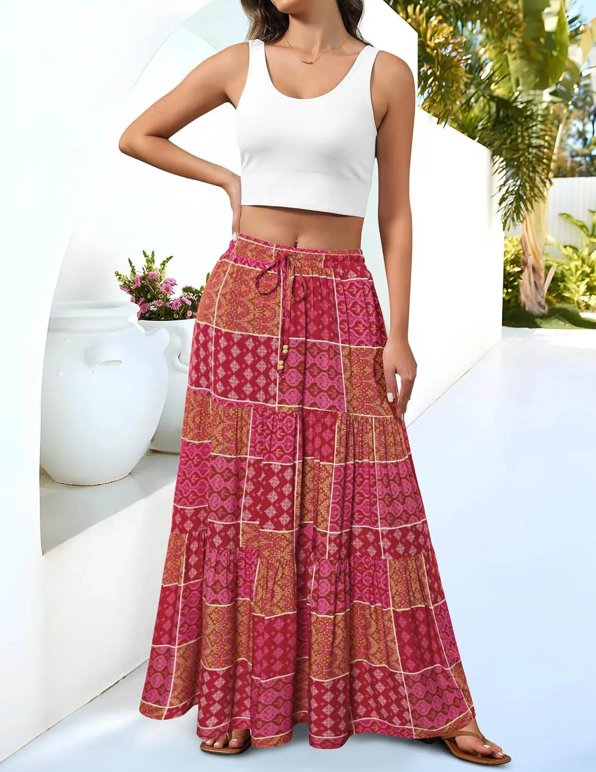 HAEOF Women's Summer Boho Maxi Skirt A-Line Flowy Ruffle Tiered Elastic High Waist Beach Long Skirts with Pockets