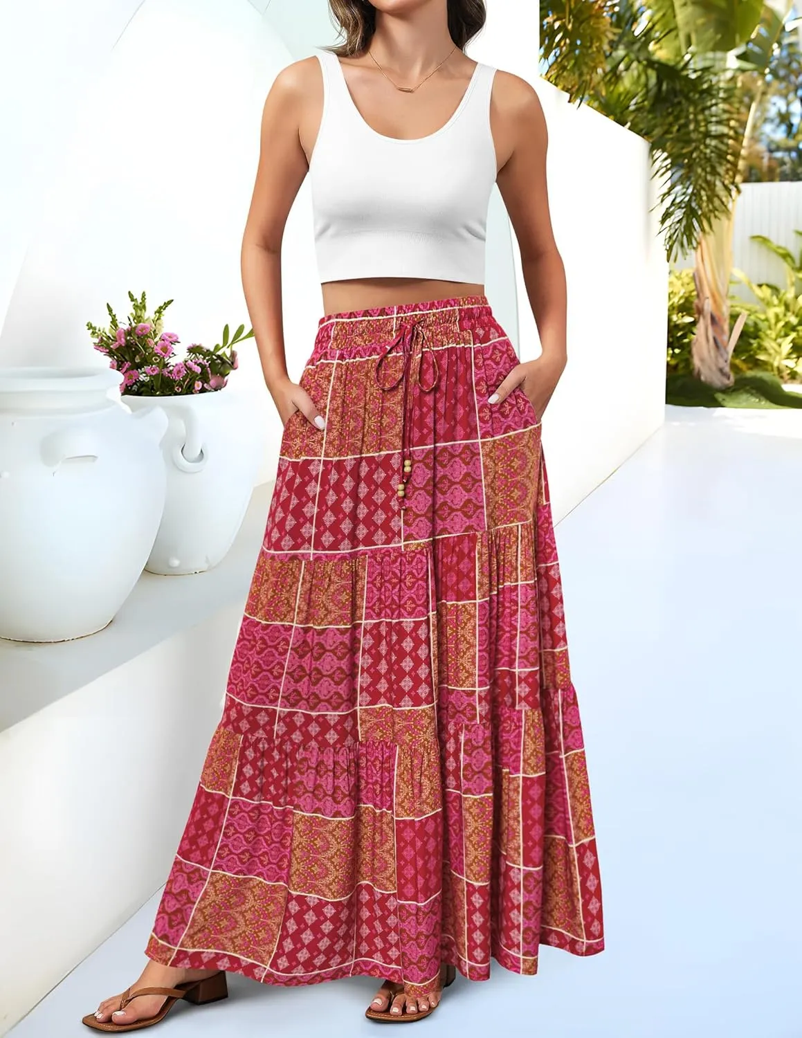 HAEOF Women's Summer Boho Maxi Skirt A-Line Flowy Ruffle Tiered Elastic High Waist Beach Long Skirts with Pockets