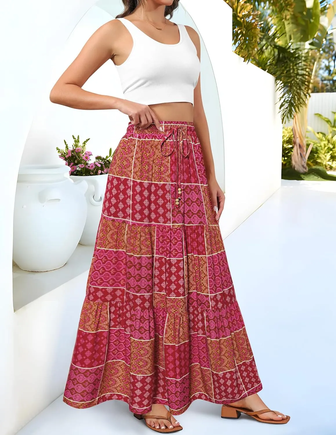 HAEOF Women's Summer Boho Maxi Skirt A-Line Flowy Ruffle Tiered Elastic High Waist Beach Long Skirts with Pockets