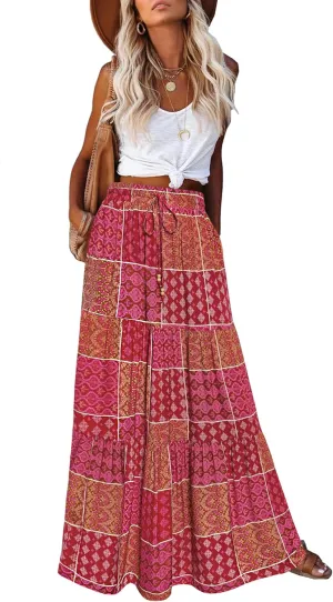 HAEOF Women's Summer Boho Maxi Skirt A-Line Flowy Ruffle Tiered Elastic High Waist Beach Long Skirts with Pockets