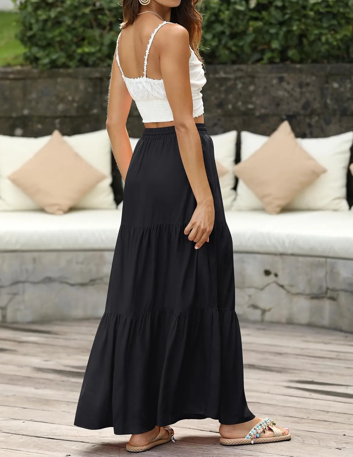 HAEOF Women's Summer Boho Maxi Skirt A-Line Flowy Ruffle Tiered Elastic High Waist Beach Long Skirts with Pockets