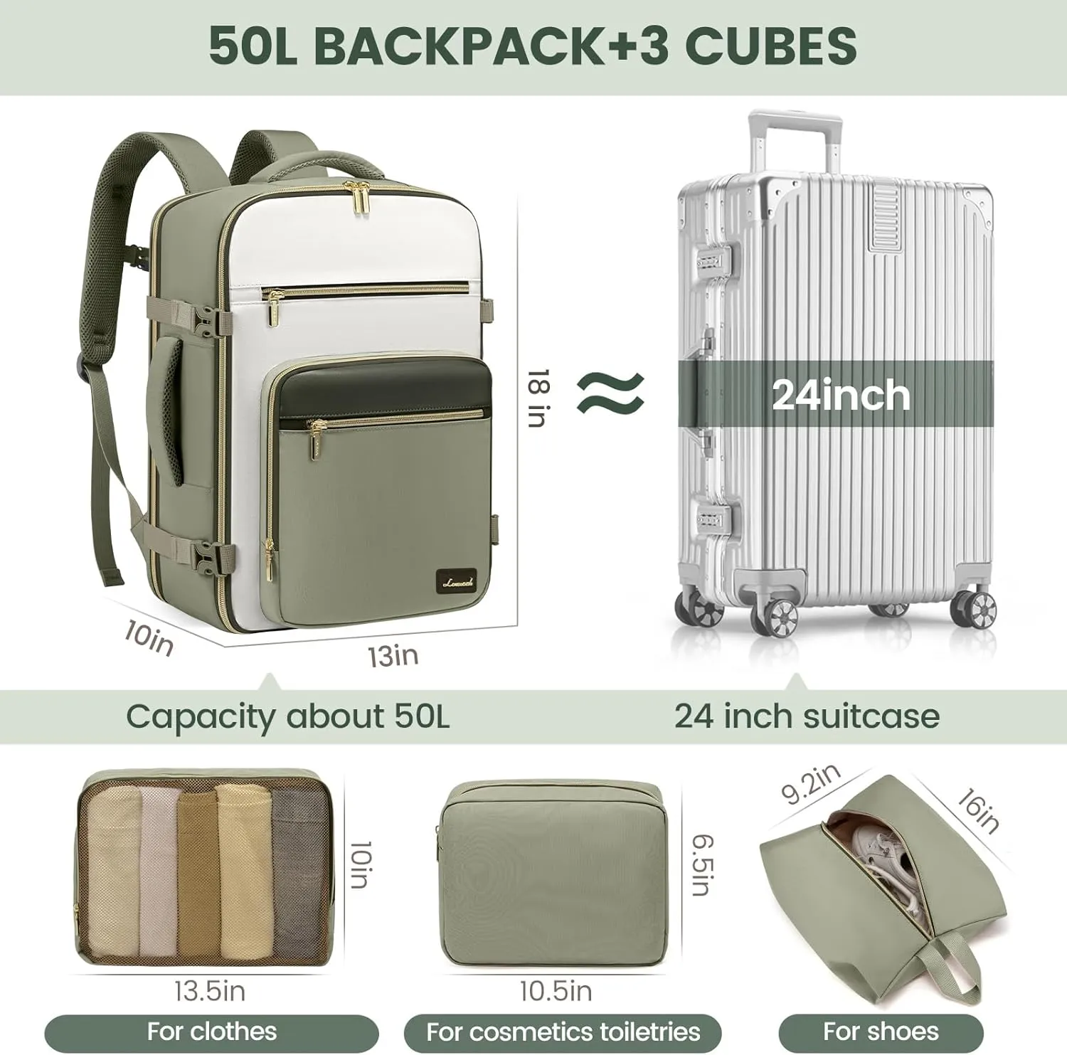 LOVEVOOK Travel Backpack For Women,50L Carry On Backpack Flight Approved,TSA Personal Item Travel Bag Fits 18 Inch Laptop,Business Weekender Overnight Daypack with Toiletry Bag and Cubes