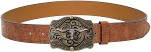 UTOWO Western PU-Leather Cowboy Buckle Belt for Men and Women Jeans Engraved Floral Longhorn Bull Buckle Belt (25-38" waist)