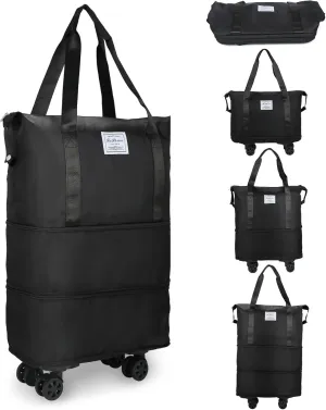 VOOWO Rolling Duffle Bag with Wheels, Expandable Foldable Duffle Bag for Travel, Rolling Under Seat Luggage Carry on Duffel Bags, Wheeled Travel Duffel Weekend Bags, Capacity 18L to 44L (Black)