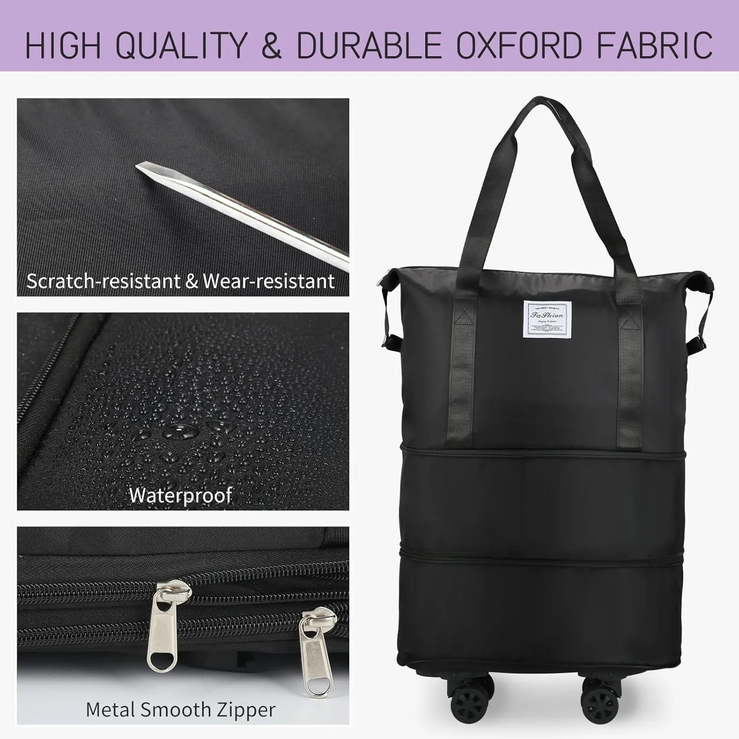 VOOWO Rolling Duffle Bag with Wheels, Expandable Foldable Duffle Bag for Travel, Rolling Under Seat Luggage Carry on Duffel Bags, Wheeled Travel Duffel Weekend Bags, Capacity 18L to 44L (Black)