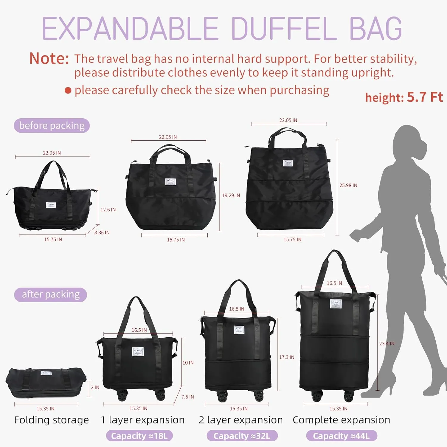VOOWO Rolling Duffle Bag with Wheels, Expandable Foldable Duffle Bag for Travel, Rolling Under Seat Luggage Carry on Duffel Bags, Wheeled Travel Duffel Weekend Bags, Capacity 18L to 44L (Black)