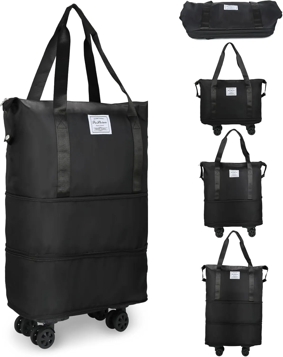 VOOWO Rolling Duffle Bag with Wheels, Expandable Foldable Duffle Bag for Travel, Rolling Under Seat Luggage Carry on Duffel Bags, Wheeled Travel Duffel Weekend Bags, Capacity 18L to 44L (Black)