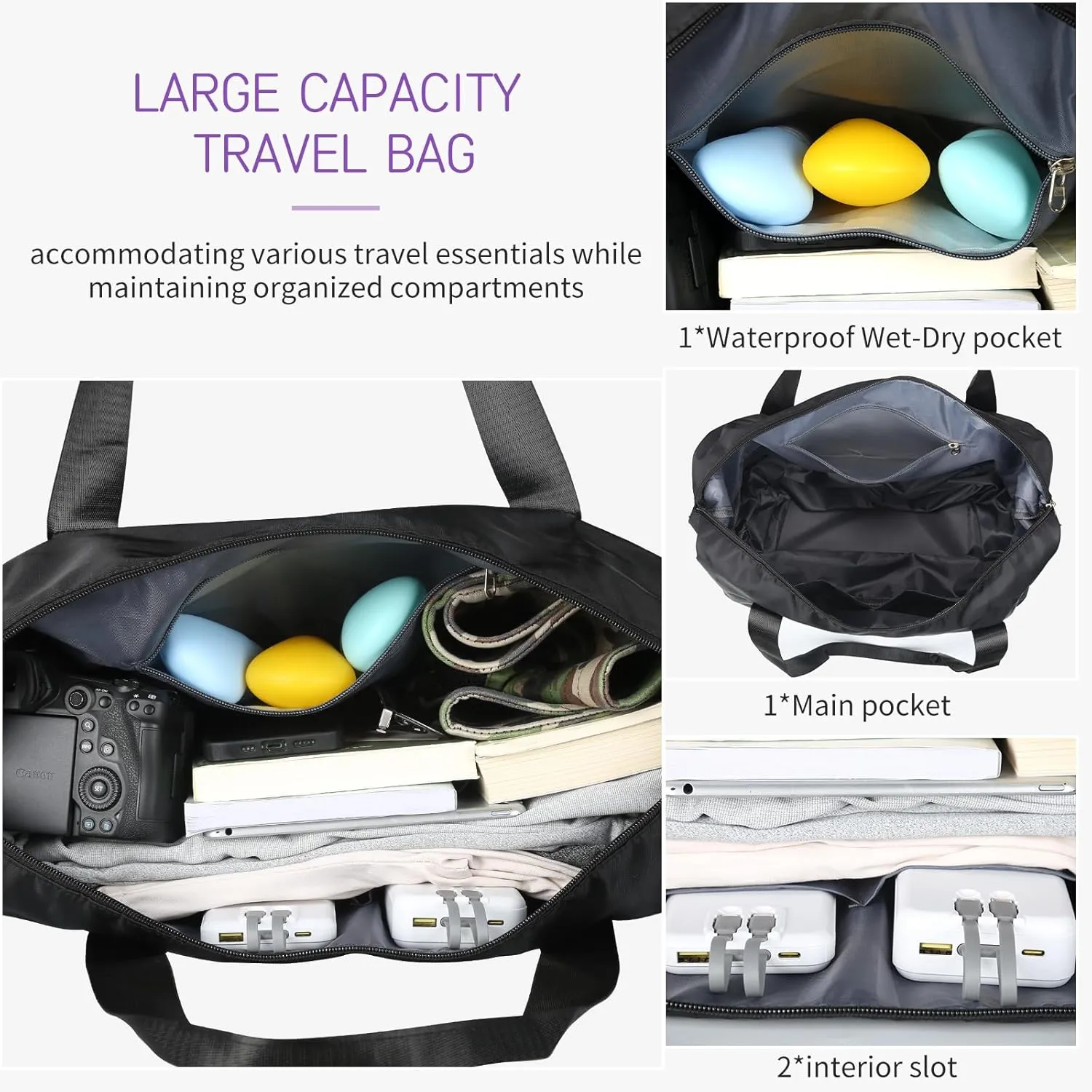 VOOWO Rolling Duffle Bag with Wheels, Expandable Foldable Duffle Bag for Travel, Rolling Under Seat Luggage Carry on Duffel Bags, Wheeled Travel Duffel Weekend Bags, Capacity 18L to 44L (Black)