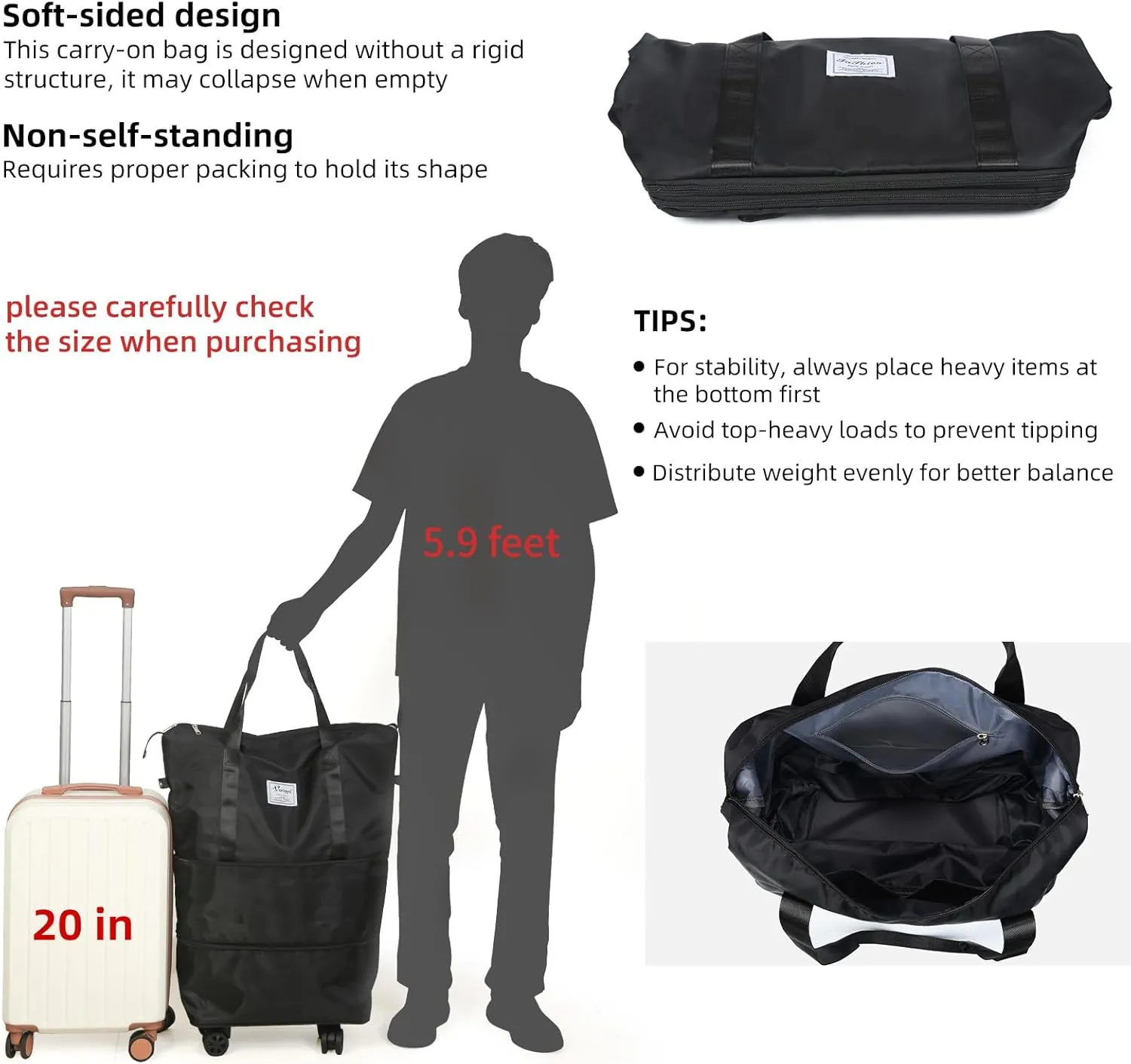 VOOWO Rolling Duffle Bag with Wheels, Expandable Foldable Duffle Bag for Travel, Rolling Under Seat Luggage Carry on Duffel Bags, Wheeled Travel Duffel Weekend Bags, Capacity 18L to 44L (Black)